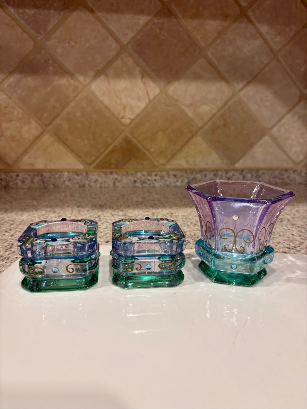 Partylite MARDI GRAS Candle Holders. Set Of 5. 2 Tea lights. 1 Votive & 2 Taper